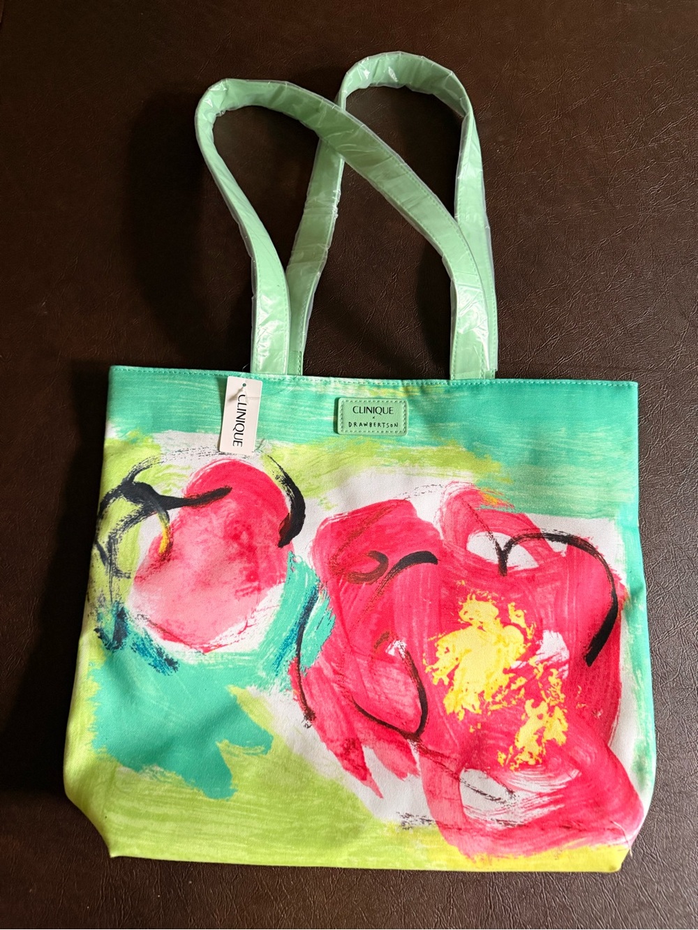 Clinique Mint Green Canvas Tote with Pink Floral Print